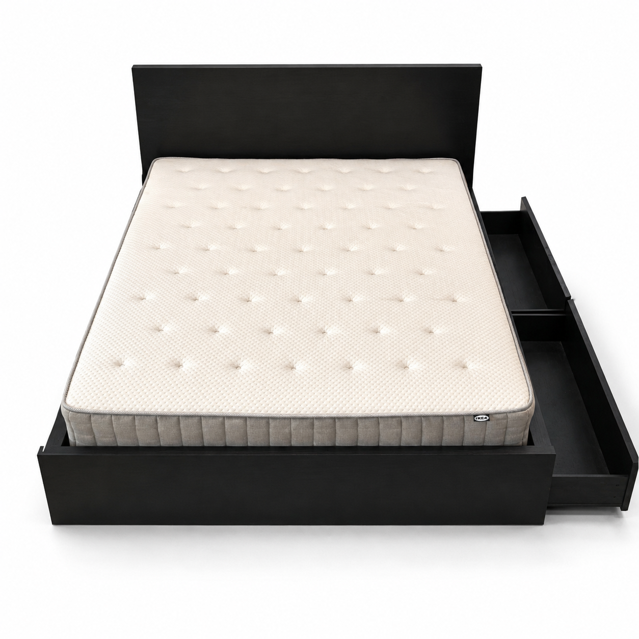 IKEA MALM Bed Frame with 2 Storage Boxes & Mattress – Black-Brown – 160 × 200 cm
