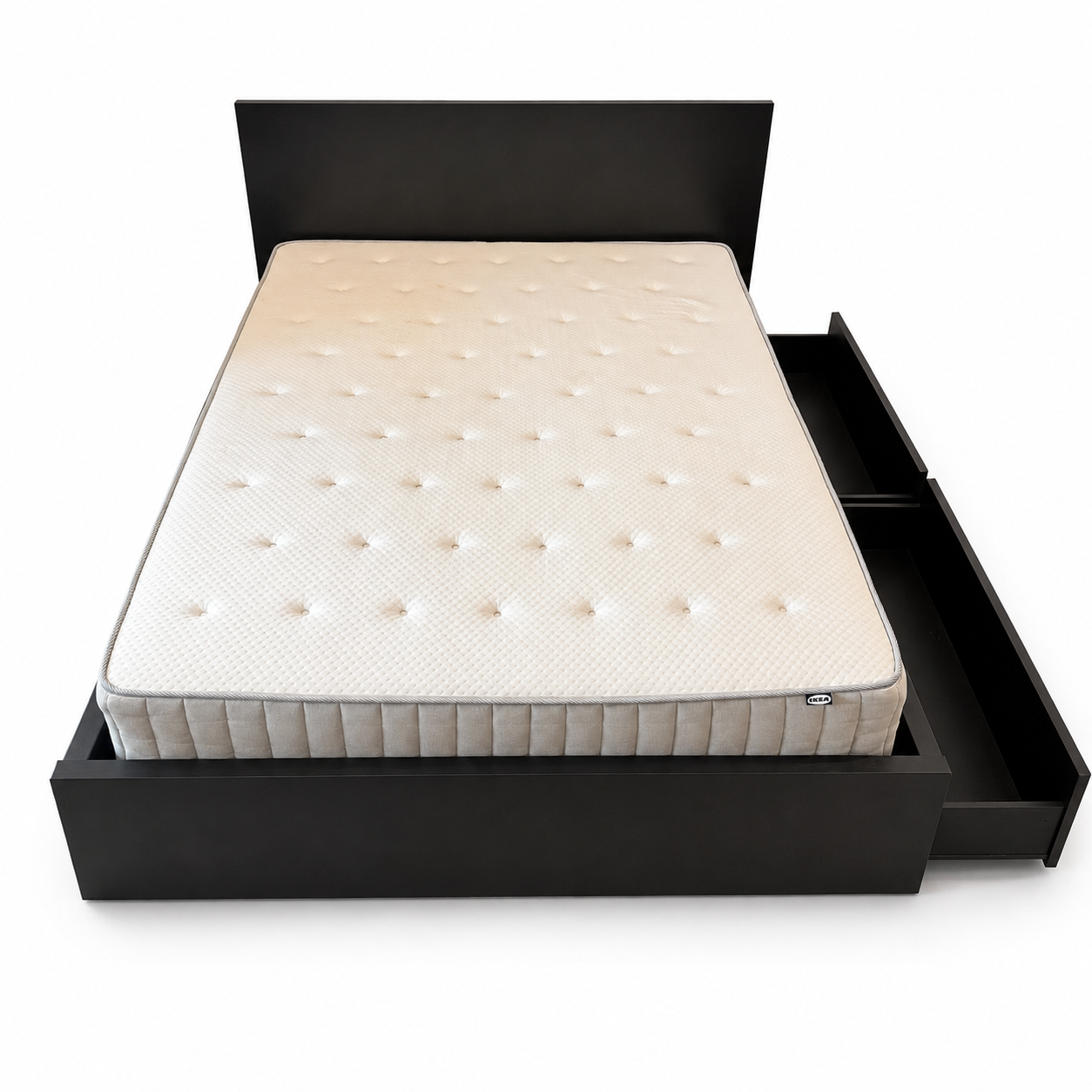 IKEA MALM Bed Frame with 2 Storage Boxes & Mattress – Black-Brown – 160 × 200 cm