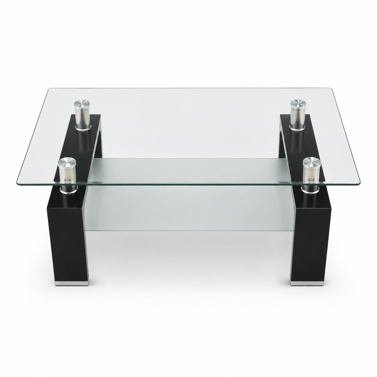 Modern 2-Tier Glass Coffee Table – Black &amp; Silver – 110 × 60 × 43 cm