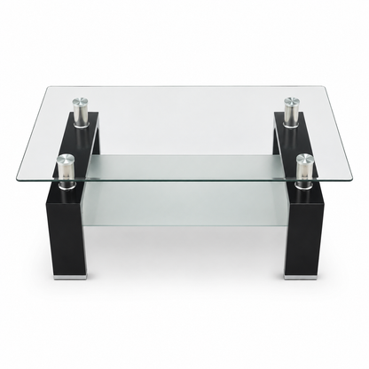 Modern 2-Tier Glass Coffee Table – Black &amp; Silver – 110 × 60 × 43 cm
