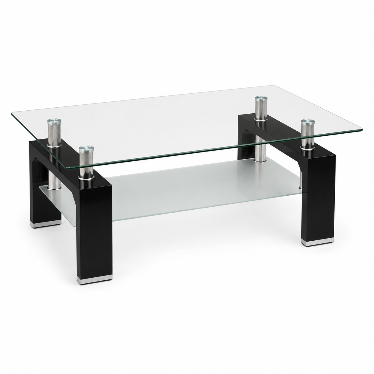 Modern 2-Tier Glass Coffee Table – Black &amp; Silver – 110 × 60 × 43 cm