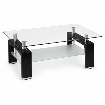 Modern 2-Tier Glass Coffee Table – Black &amp; Silver – 110 × 60 × 43 cm