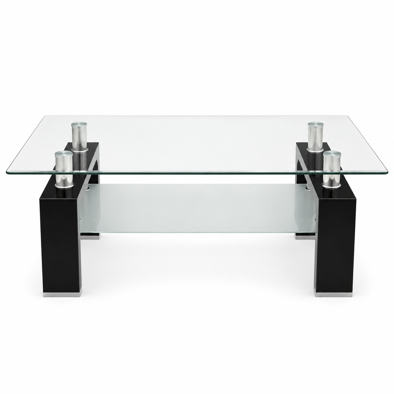 Modern 2-Tier Glass Coffee Table – Black &amp; Silver – 110 × 60 × 43 cm