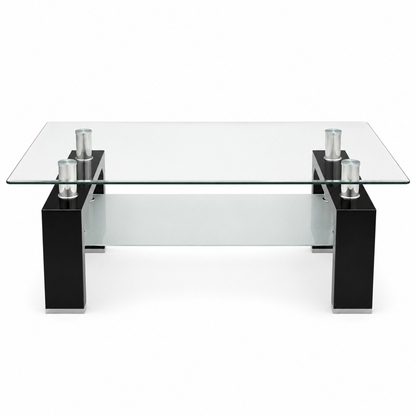 Modern 2-Tier Glass Coffee Table – Black &amp; Silver – 110 × 60 × 43 cm