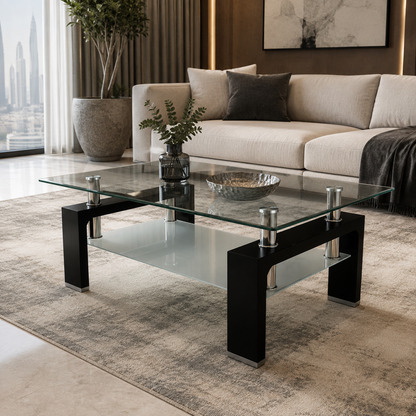 Modern 2-Tier Glass Coffee Table – Black &amp; Silver – 110 × 60 × 43 cm