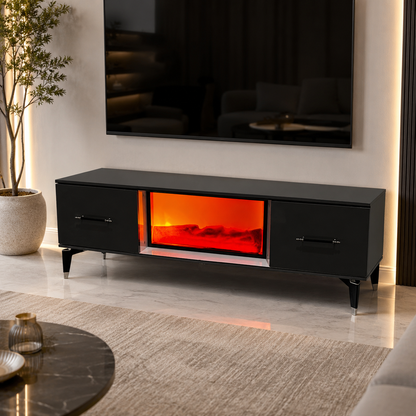 Home Box TV Unit with Electric Fireplace &amp; Storage – Black – 139 × 36 × 53 cm
