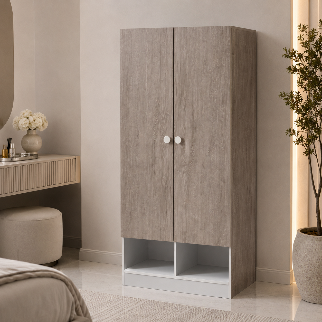 Home Box Ivory 2-Door Wardrobe with 2 Open Shelves – 80 × 40 × 180 cm