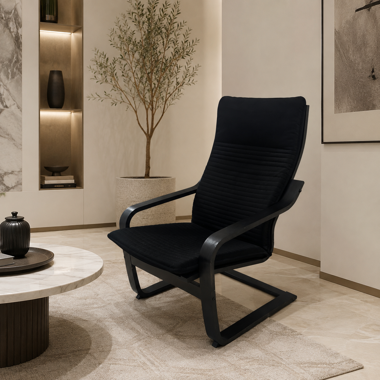 IKEA POÄNG Armchair with Knisa Black Cushion – Black-Brown – 68 × 83 × 100 cm