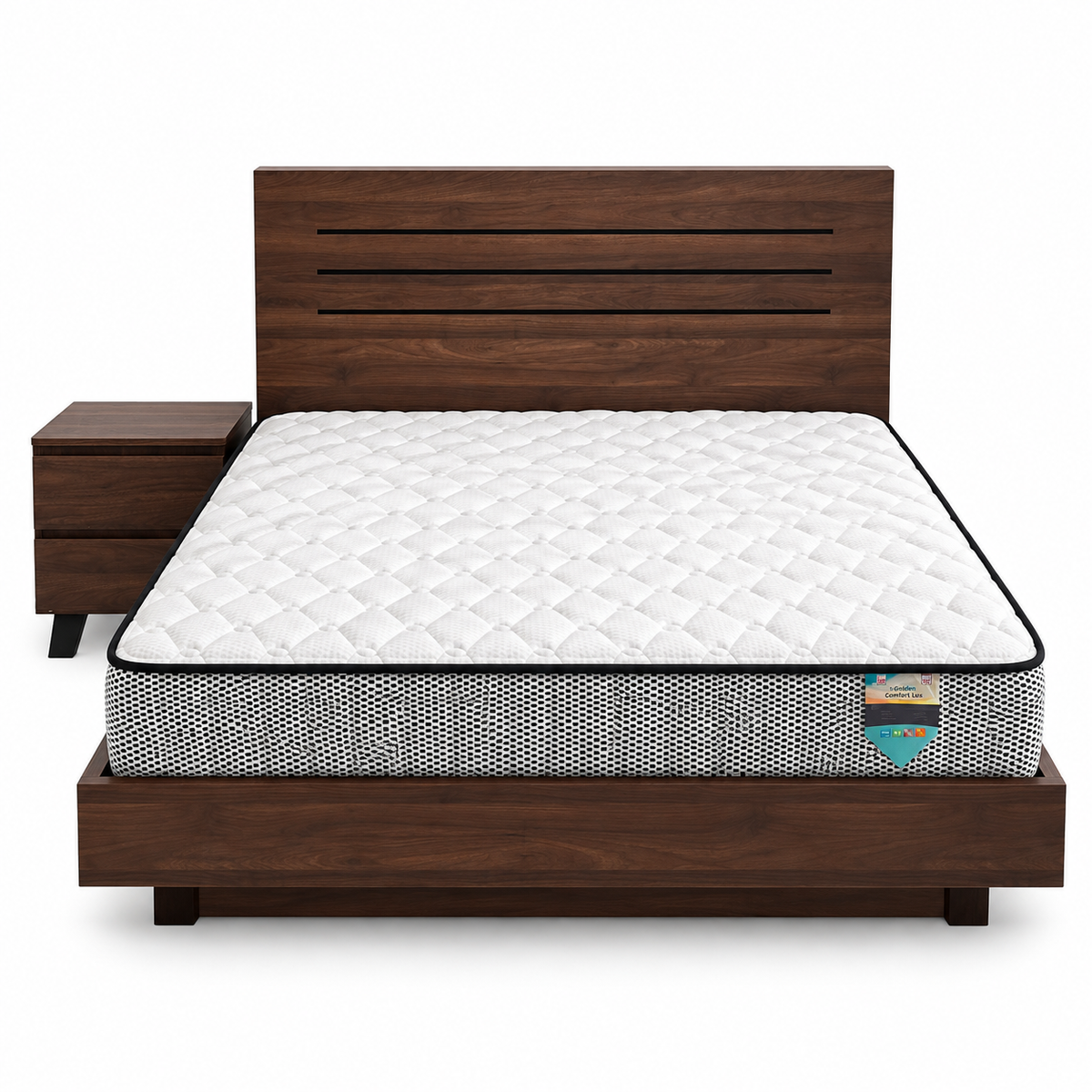Home Box Queen Bed Set with iGolden Comfort Lux Mattress Bedside Table – Walnut – 150 × 200 cm
