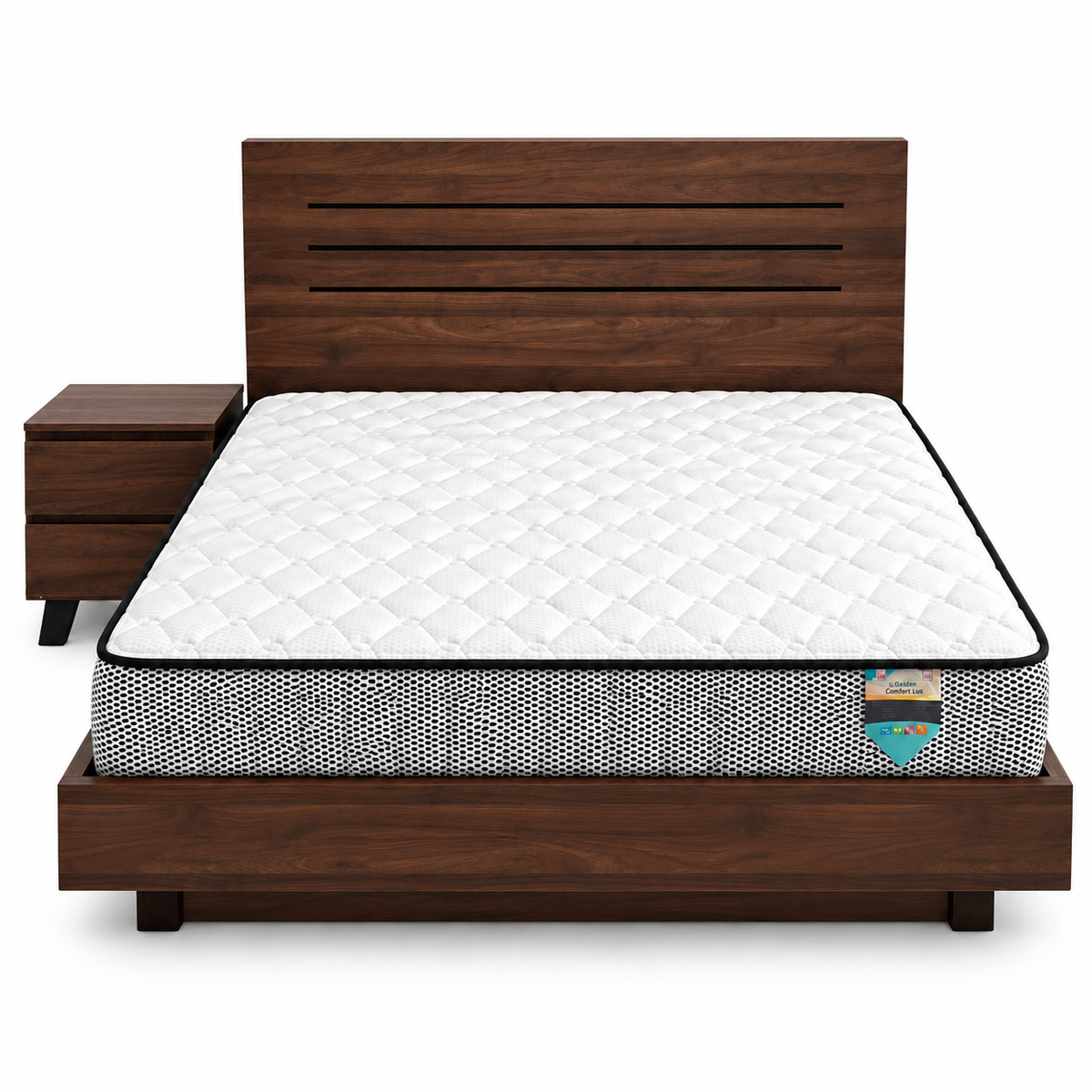 Home Box Queen Bed Set with iGolden Comfort Lux Mattress Bedside Table – Walnut – 150 × 200 cm