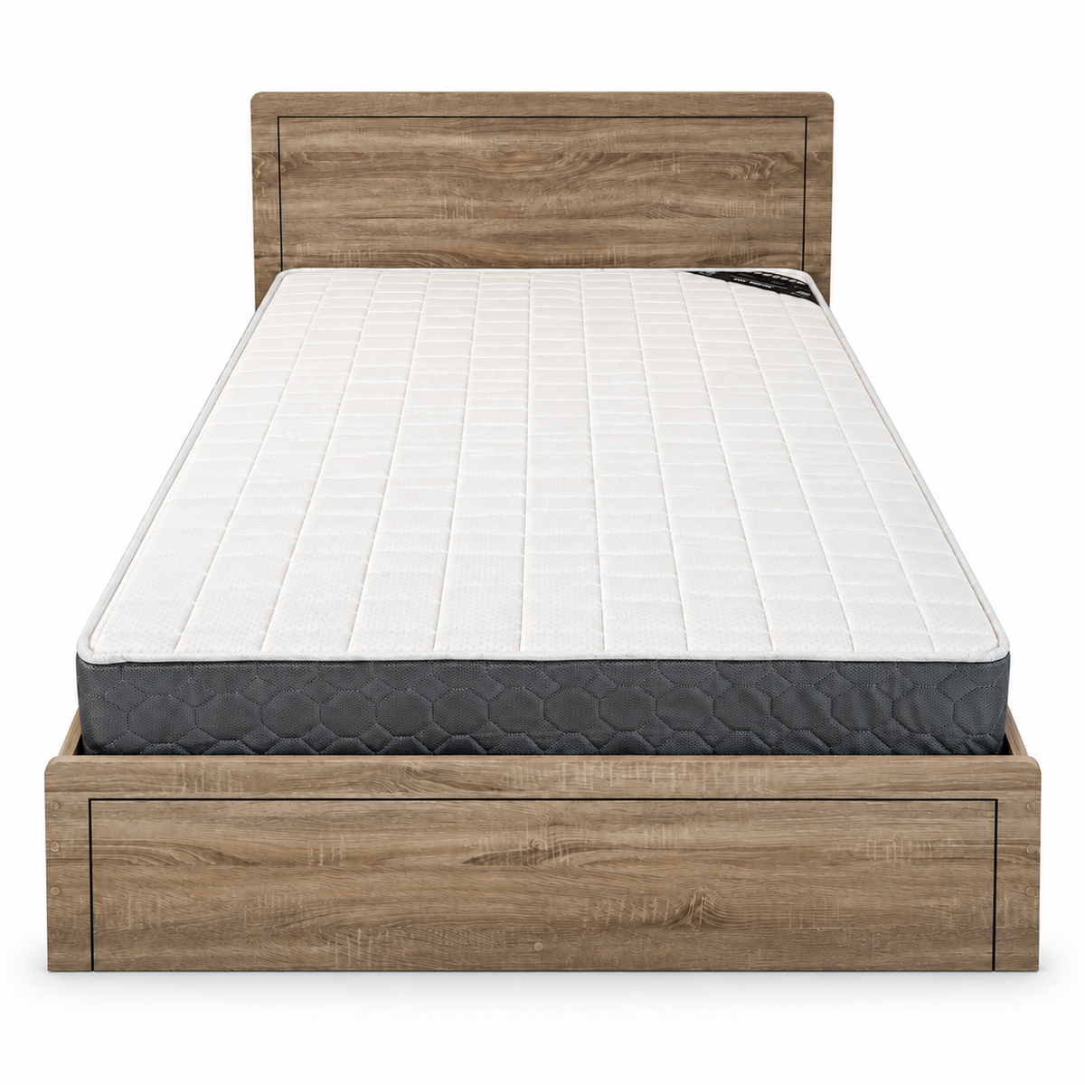 PAN Home Rustic Oak Wood-Effect Panel Bed with Mattress – Brown
