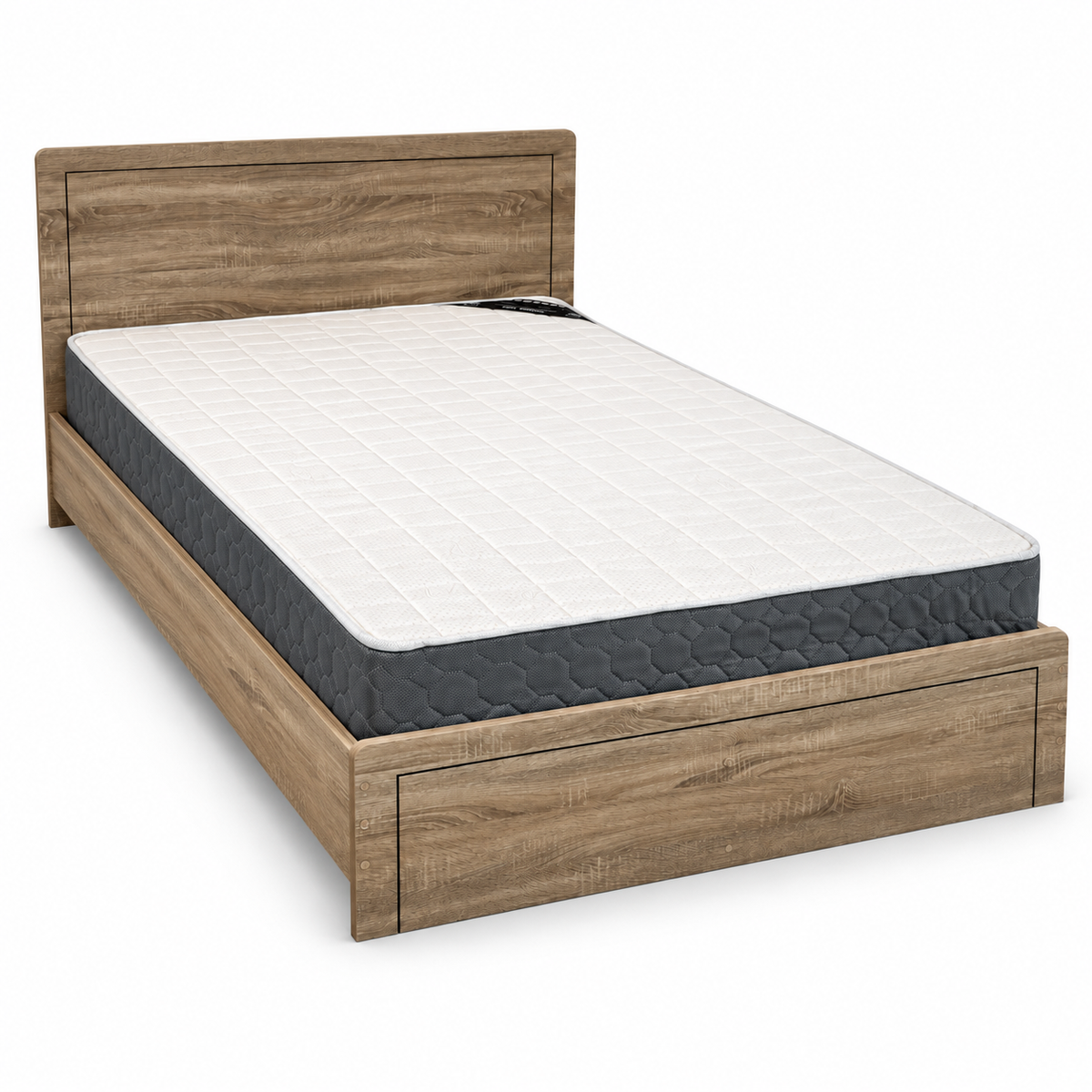 PAN Home Rustic Oak Wood-Effect Panel Bed with Mattress – Brown