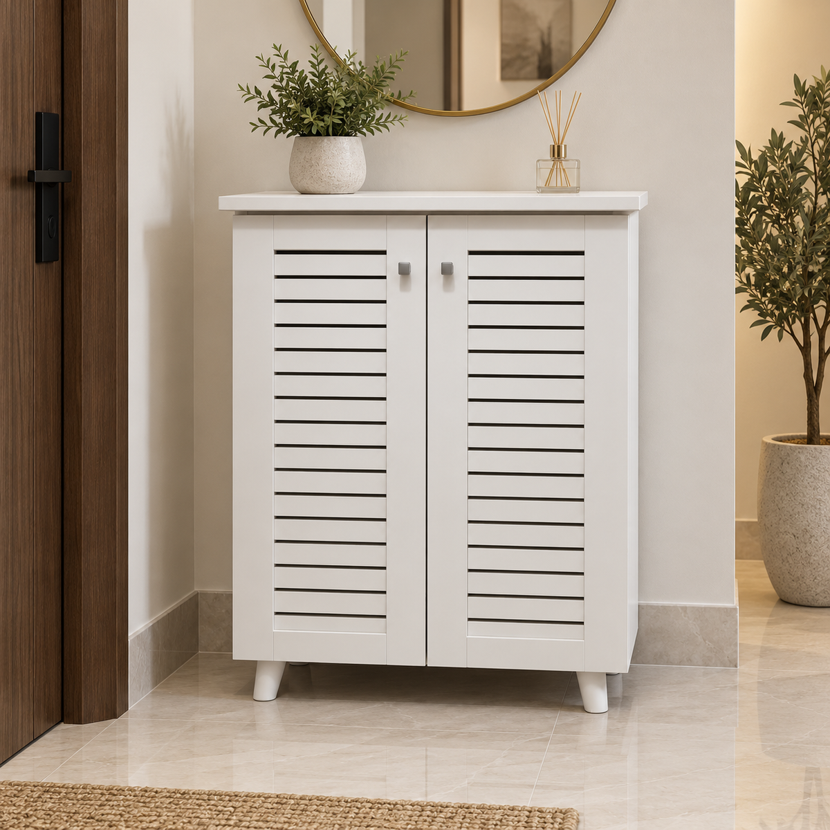 Home Box Ventra 2-Door Louvered Shoe Cabinet with 5-Tier Storage – White