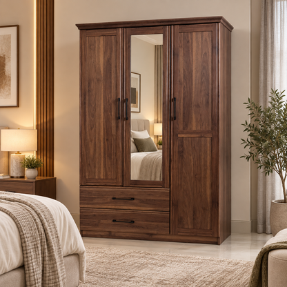 PAN Home Malathi 3-Door Wardrobe with Mirror & 2 Drawers – Walnut