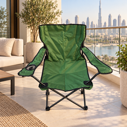 Portable Folding Camping Chair with Armrests & Cup Holder – Green