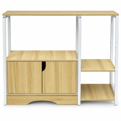Freestanding Kitchen Storage Cabinet & Microwave Stand with Shelves – Light Oak & White