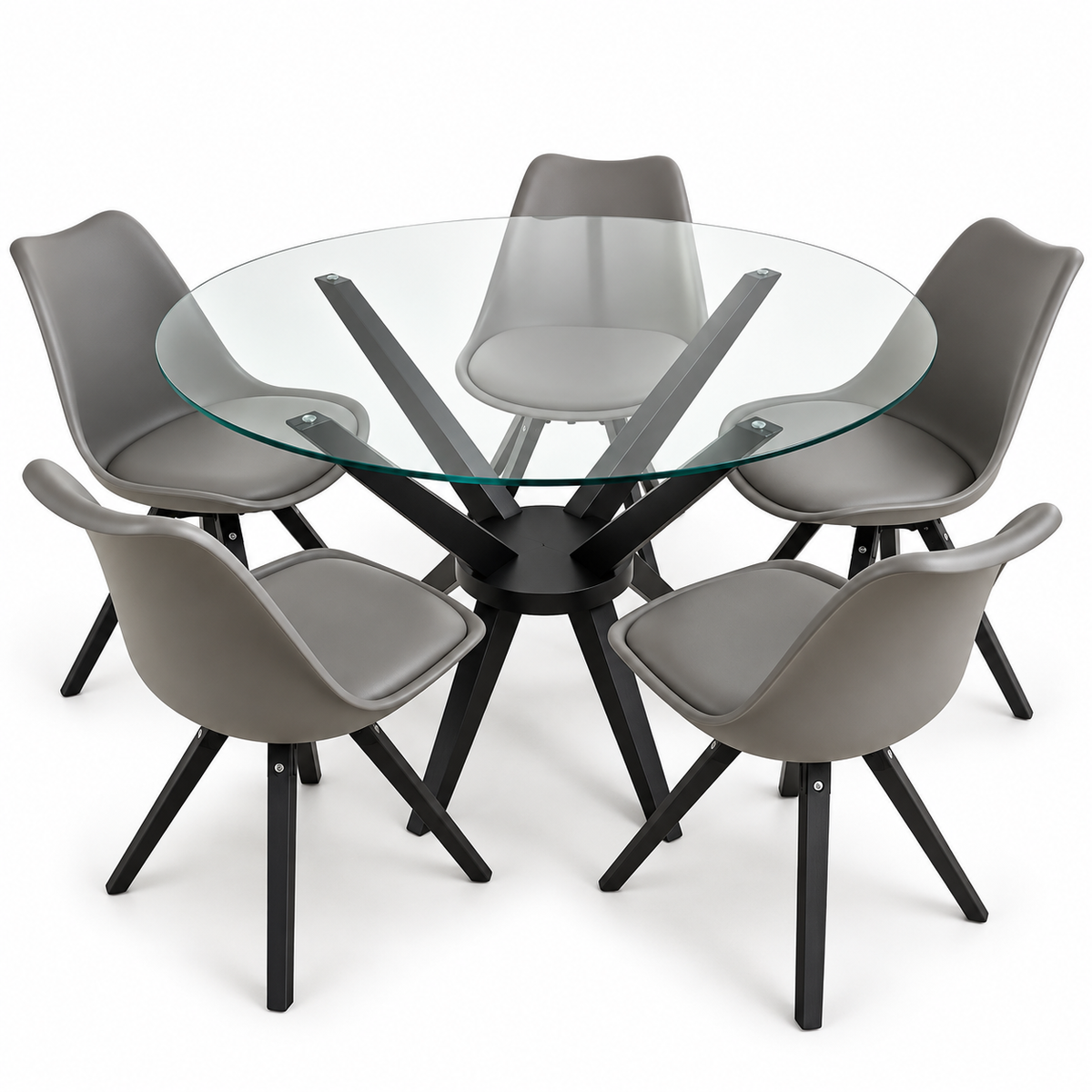 Home Box 4-Seater Round Glass Dining Set with Grey Chairs – Black