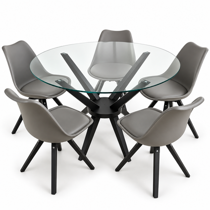 Home Box 4-Seater Round Glass Dining Set with Grey Chairs – Black