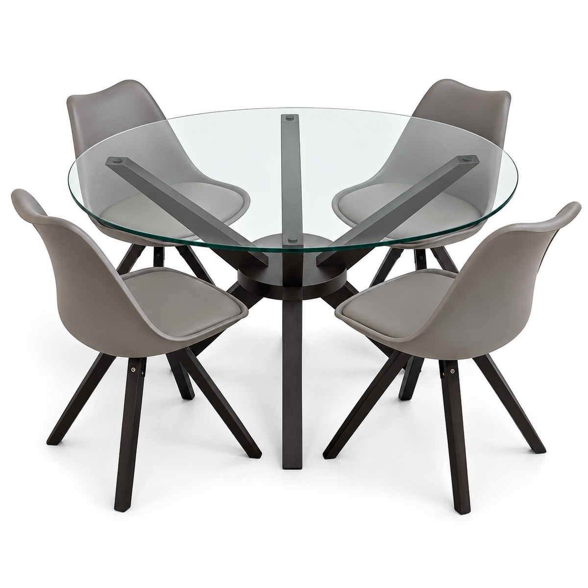 Home Box 4-Seater Round Glass Dining Set with Grey Chairs – Black