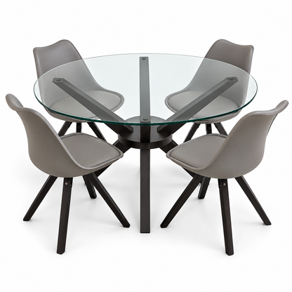 Home Box 4-Seater Round Glass Dining Set with Grey Chairs – Black