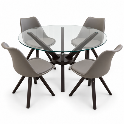 Home Box 4-Seater Round Glass Dining Set with Grey Chairs – Black