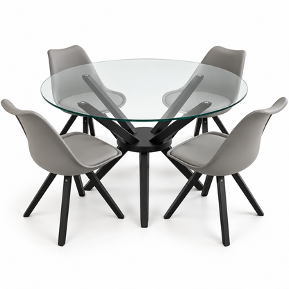 Home Box 4-Seater Round Glass Dining Set with Grey Chairs – Black