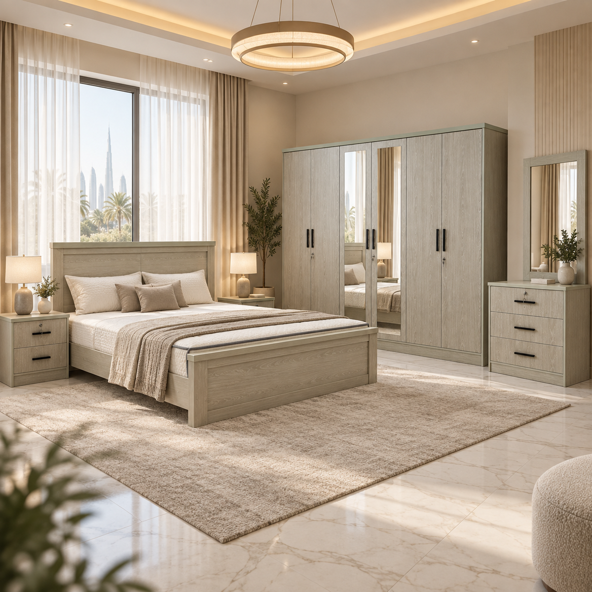Home Box Liora King Bedroom Set with Mattress & 6-Door Mirrored Wardrobe – 180 × 200 cm – Light Oak