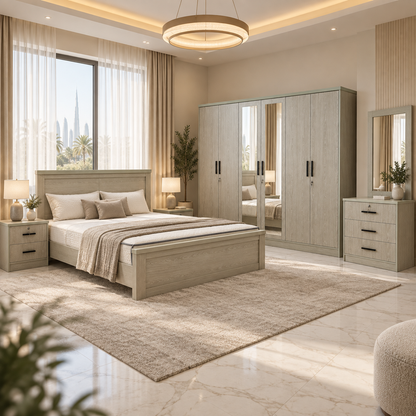 Home Box Liora King Bedroom Set with Mattress & 6-Door Mirrored Wardrobe – 180 × 200 cm – Light Oak