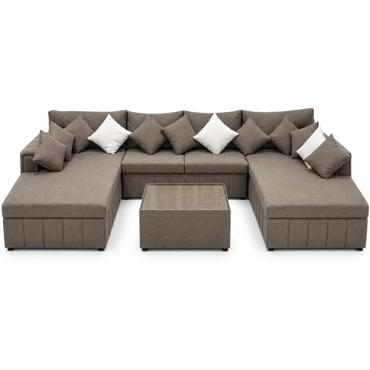PAN Home Verona Large U-Shaped Sectional Sofa with Double Chaise & Glass-Top Coffee Table – Taupe