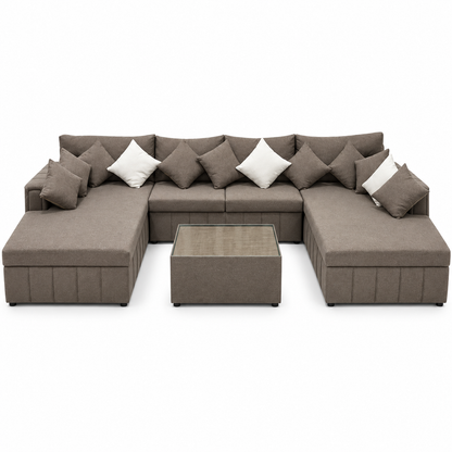 PAN Home Verona Large U-Shaped Sectional Sofa with Double Chaise & Glass-Top Coffee Table – Taupe