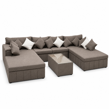 PAN Home Verona Large U-Shaped Sectional Sofa with Double Chaise & Glass-Top Coffee Table – Taupe