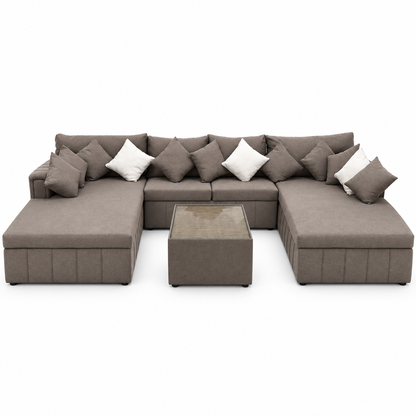 PAN Home Verona Large U-Shaped Sectional Sofa with Double Chaise & Glass-Top Coffee Table – Taupe