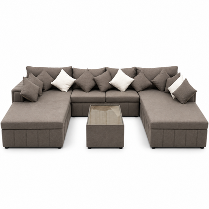 PAN Home Verona Large U-Shaped Sectional Sofa with Double Chaise & Glass-Top Coffee Table – Taupe
