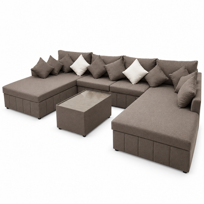 PAN Home Verona Large U-Shaped Sectional Sofa with Double Chaise & Glass-Top Coffee Table – Taupe