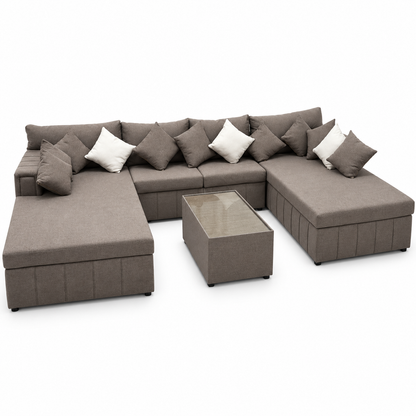 PAN Home Verona Large U-Shaped Sectional Sofa with Double Chaise & Glass-Top Coffee Table – Taupe
