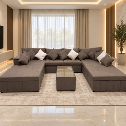 PAN Home Verona Large U-Shaped Sectional Sofa with Double Chaise & Glass-Top Coffee Table – Taupe