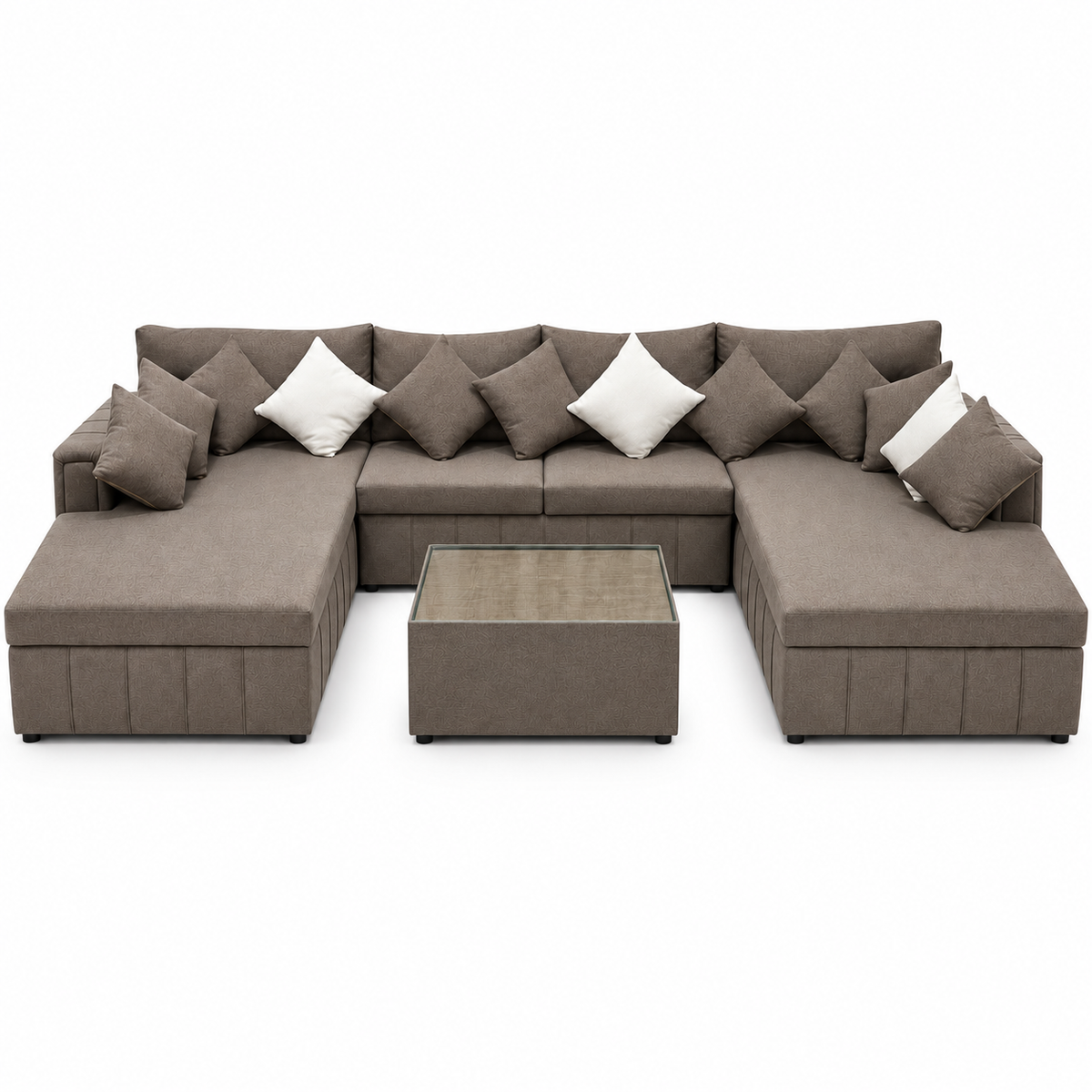 PAN Home Verona Large U-Shaped Sectional Sofa with Double Chaise & Glass-Top Coffee Table – Taupe