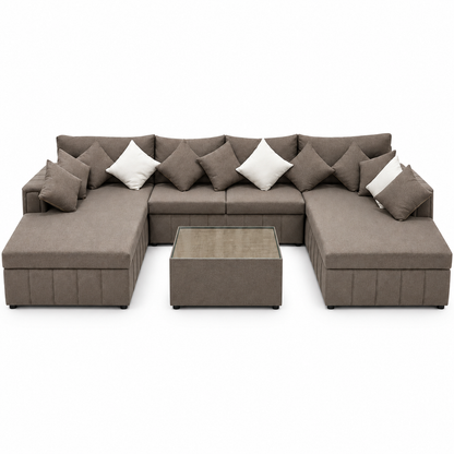 PAN Home Verona Large U-Shaped Sectional Sofa with Double Chaise & Glass-Top Coffee Table – Taupe