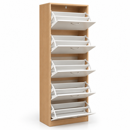 PAN Home Whitmor 30-Pair Shoe Rack with 5 Drawers – White & Natural