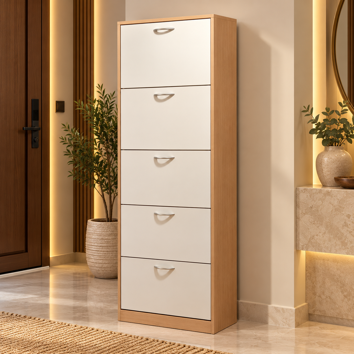 PAN Home Whitmor 30-Pair Shoe Rack with 5 Drawers – White & Natural