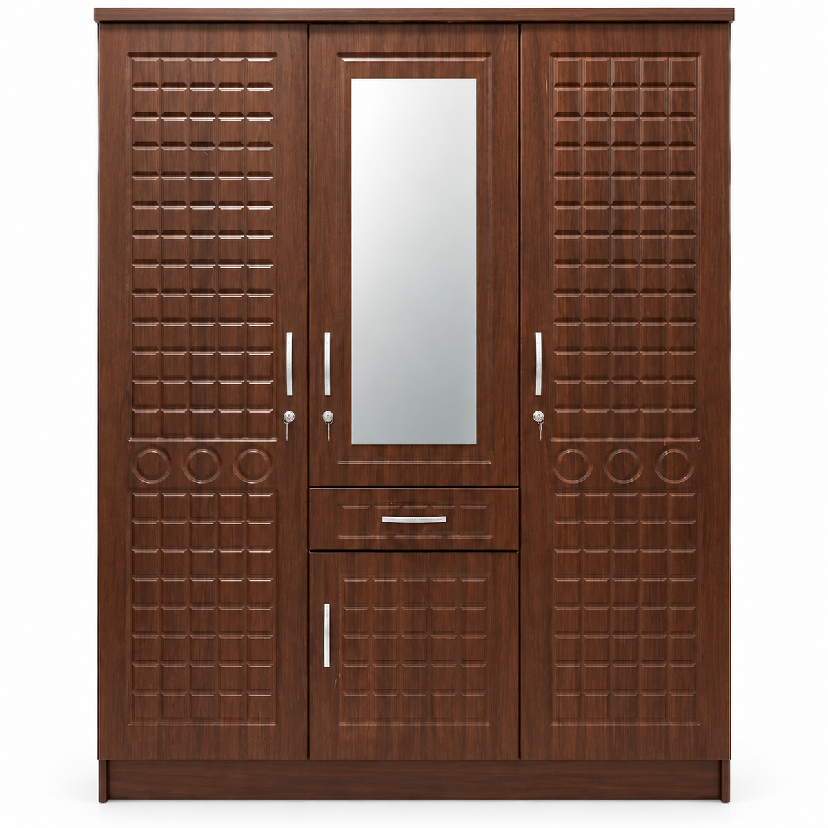 Home Box Verona 3-Door Wardrobe with Mirror, Drawer & Locks – Walnut Brown
