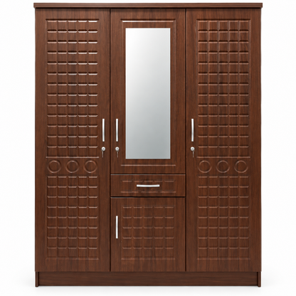 Home Box Verona 3-Door Wardrobe with Mirror, Drawer & Locks – Walnut Brown