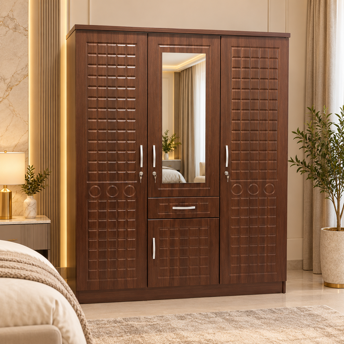 Home Box Verona 3-Door Wardrobe with Mirror, Drawer & Locks – Walnut Brown