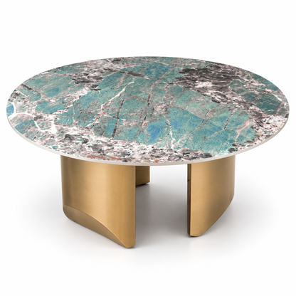 Home Centre Aurelia Verde Round Marble Coffee Table – 100 cm – Green & Gold