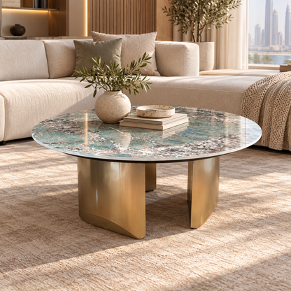 Home Centre Aurelia Verde Round Marble Coffee Table – 100 cm – Green & Gold