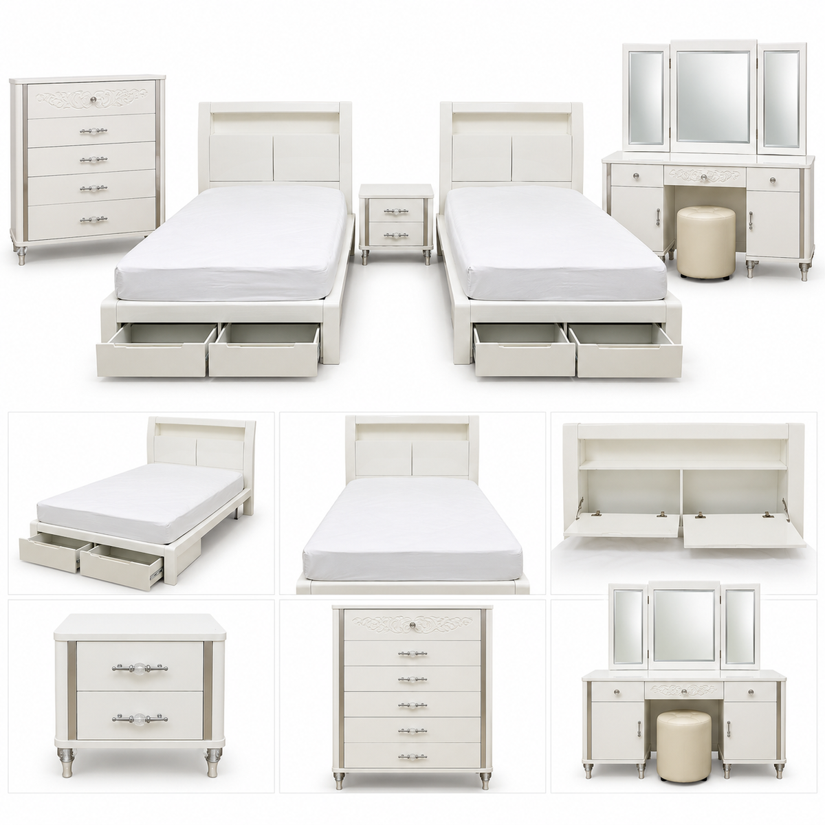 Home Centre Cepsia Kids Twin Bedroom Set with 2 Beds, Mattresses & Storage – White – 120 × 200 cm