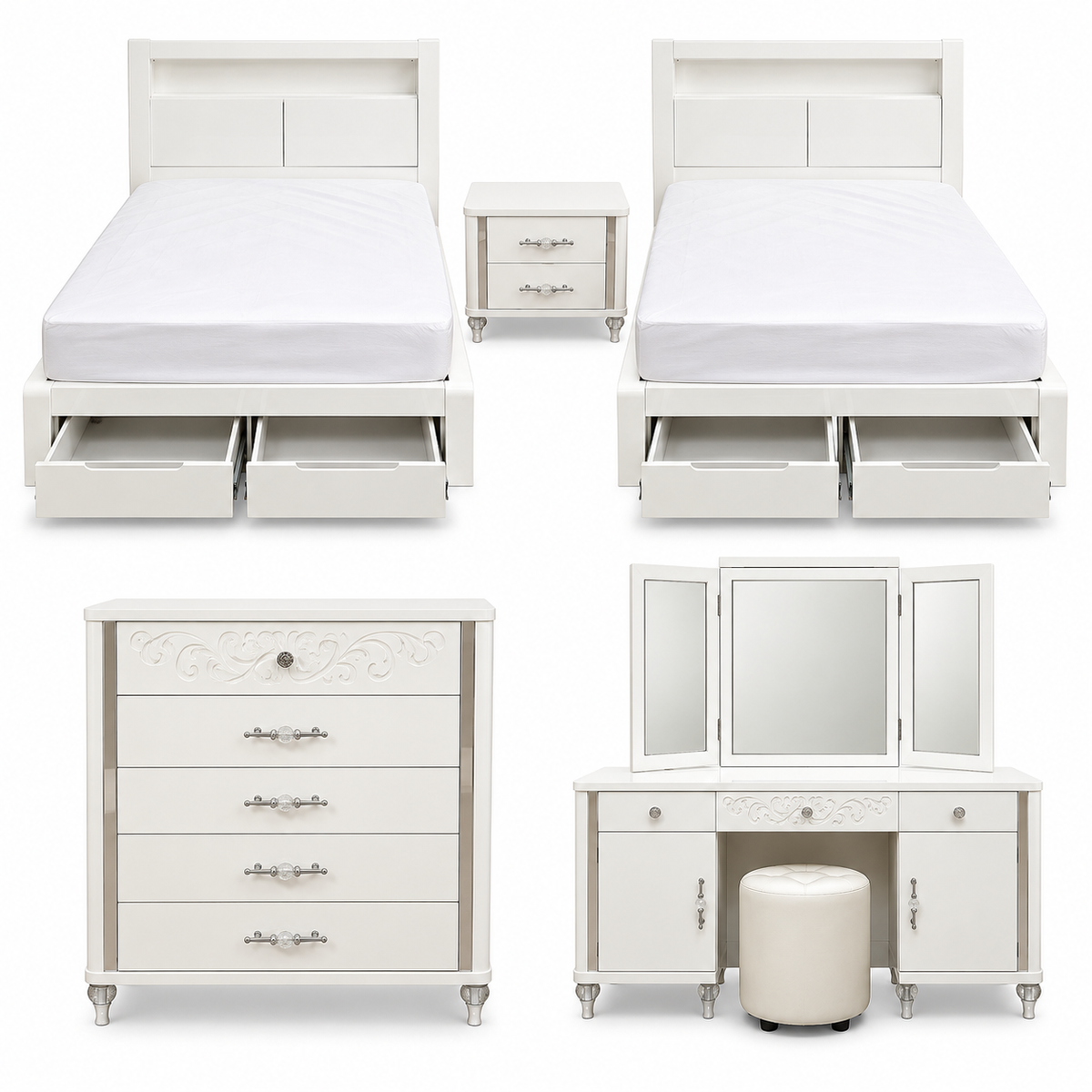 Home Centre Cepsia Kids Twin Bedroom Set with 2 Beds, Mattresses & Storage – White – 120 × 200 cm