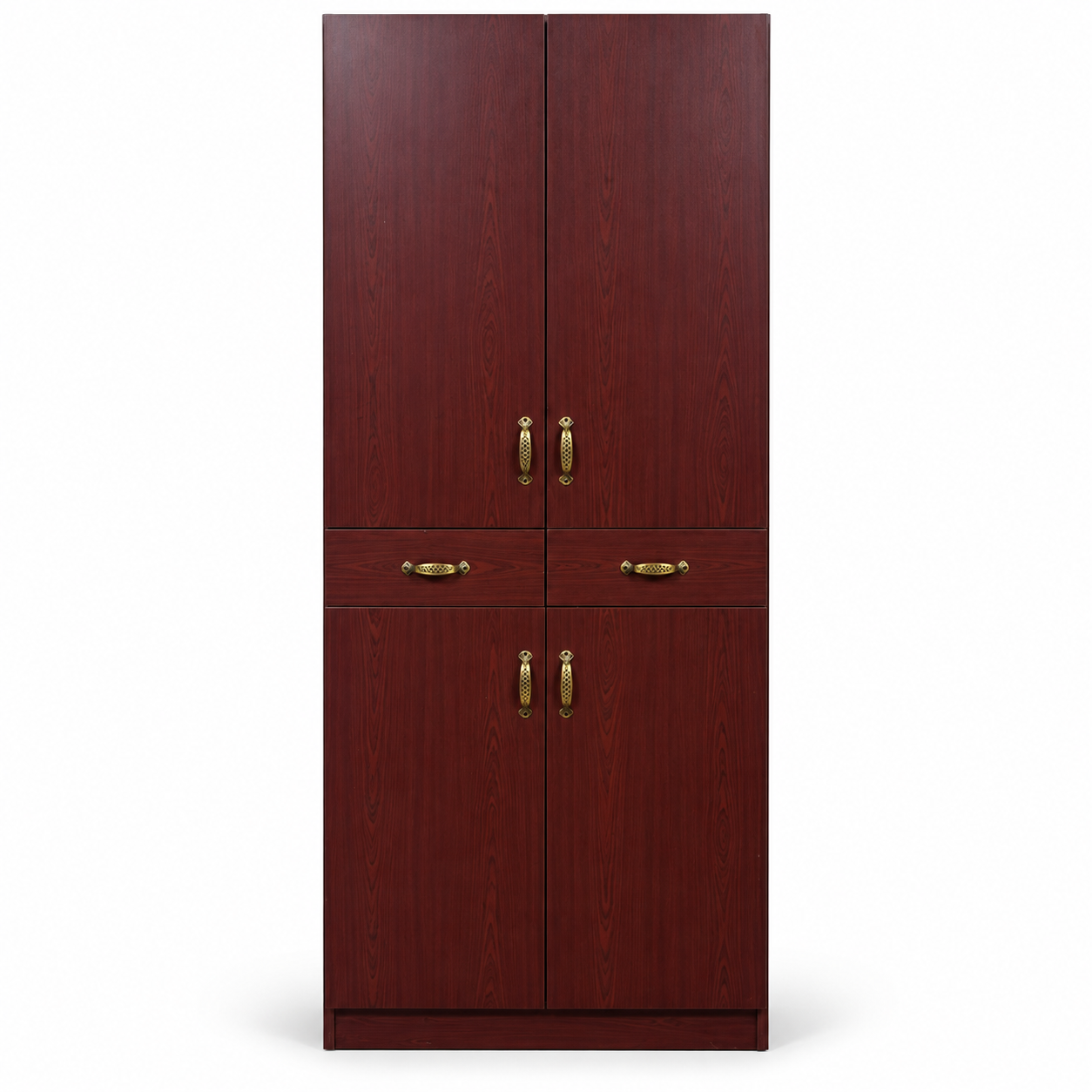 4-Door Wardrobe with 2 Drawers, Hanging Rail &amp; Shelves – Dark Mahogany Finish – 82 × 40 × 214 cm