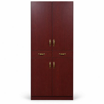 4-Door Wardrobe with 2 Drawers, Hanging Rail &amp; Shelves – Dark Mahogany Finish – 82 × 40 × 214 cm