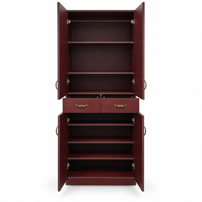 4-Door Wardrobe with 2 Drawers, Hanging Rail &amp; Shelves – Dark Mahogany Finish – 82 × 40 × 214 cm
